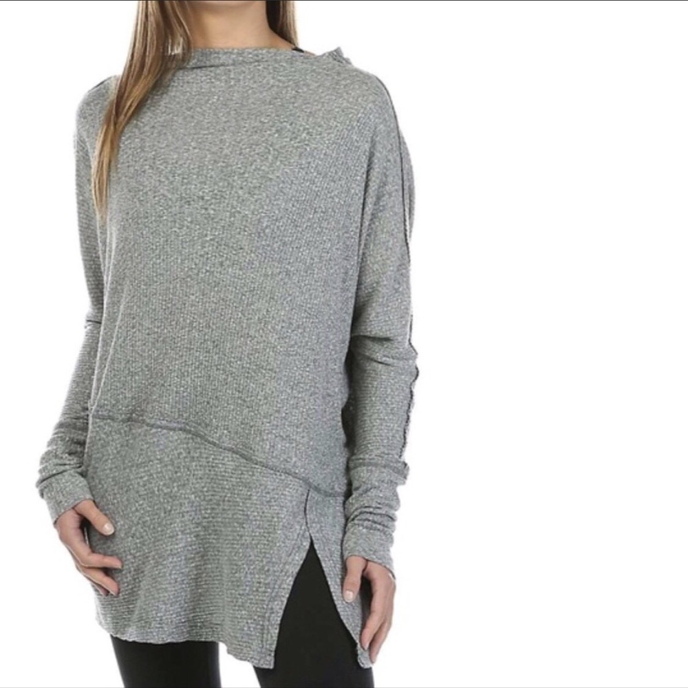We The Free Free People Gray Ribbed Knit Tunic Top Boat Neck Size L Long Sleeve